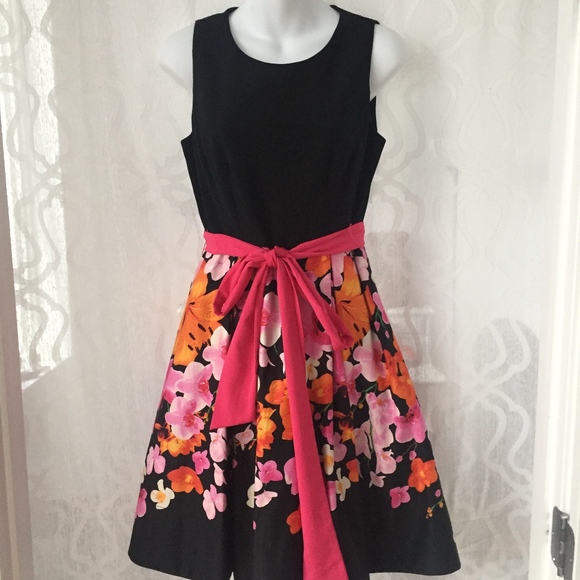 sold -Eliza J Black Orange Floral Flare Bell Dress - Picture 2 of 6